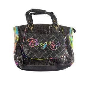 Coogi Black Croc Embossed Quilted Tote Bag Multi Color Embroidered Logo Large